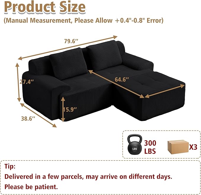 KIGOTY Modular Sectional Sofa, 3 PCS Comfy Cloud Sectional Couch with Deep Seat, L-Shaped Corner Sofas with Ottoman, Modern Boneless Couch for Living Room, No Assembly Required,Black