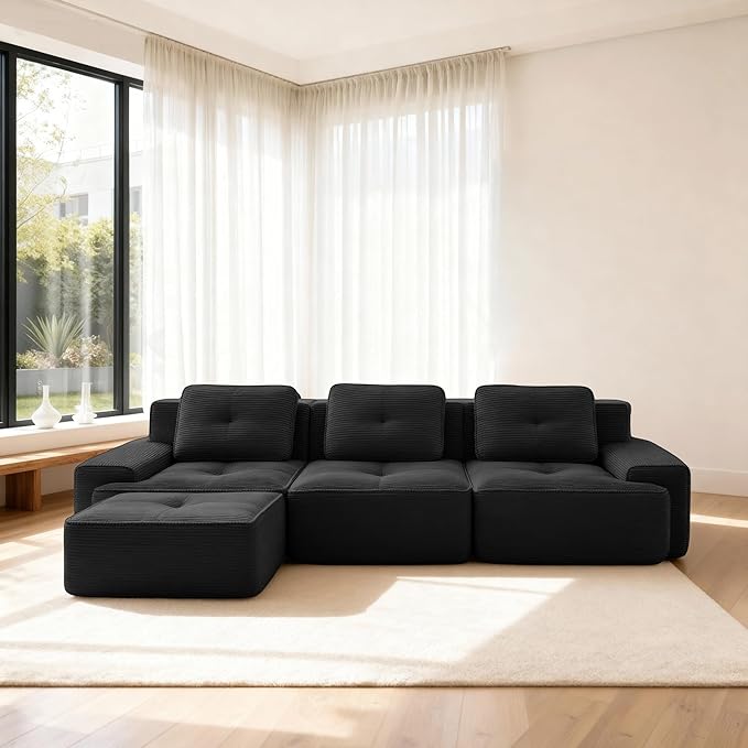 Casaphoria 115'' Boneless Sofa with Ottoman, 3-Seater Modular Couch with 3 Pillows for Living Room, L Shape Cloud Sectional Sofa, No Assembly, Black