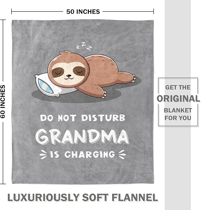 Funny Gifts for Grandma, Grandma is Charging Sloth Blanket, Birthday Gifts for Grandmas from Grandkids,Grandmas Gitts for Mothers Day Christmas, Soft Sloth Blanket for Grandmother, Grey, 60" x 50"