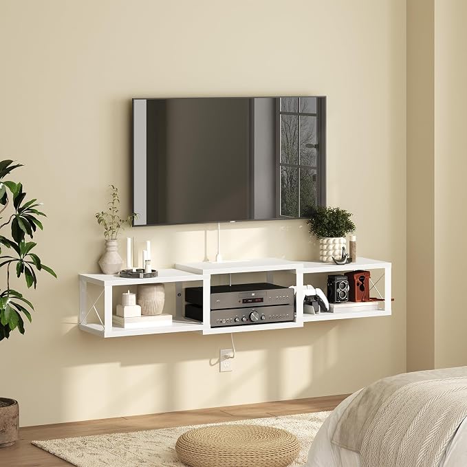 MAHANCRIS 43.7” Floating TV Stand with Power Outlet, Wall-Mounted Entertainment Center, Floating Metal Frame Media Console Shelf for Under TV Storage, for Living Room, Bedroom, White TVBW101E01 - Image 8