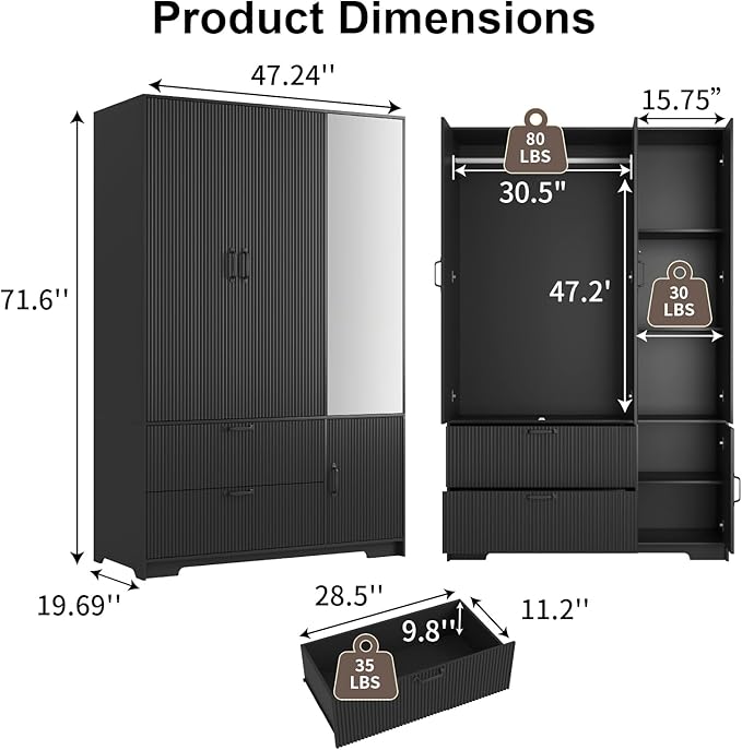 72'' Fluted Armoire Wardrobe Closet with Mirror Door and 2 Drawers,Tall Bedroom Armoire Wardrobe Cabinet with Hanging Rod,Wooden Bedroom Closet with 4 Adjustable Shelves (Black)