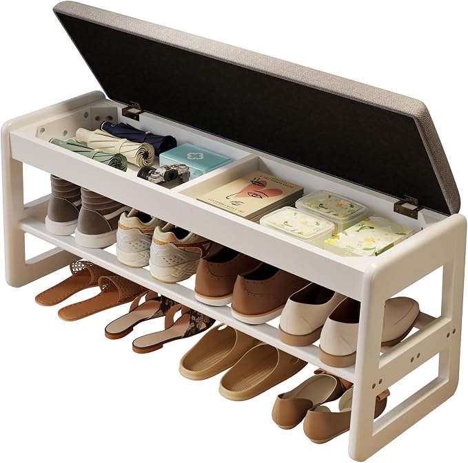 AQIMUELE Shoe Rack Bench,2 Tiers Shoe Bench with Storage with Flip-Top,Wood Shoe Rack for Entryway,Hallway（White Upholstered Seat,11.8" D x 39.3" W x 15.7" H） by AQIMUELE