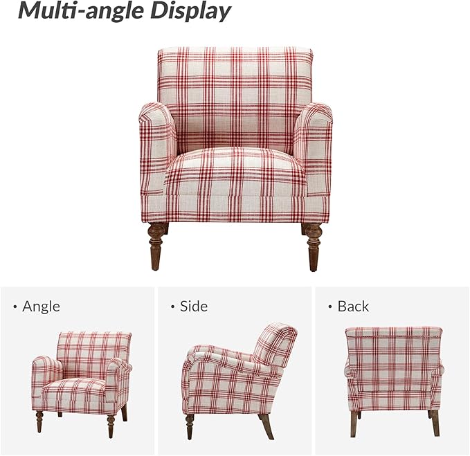 HULALA HOME Modern Accent Chair with Arms and Wooden Legs, Comfy Upholstered Armchair for Bedroom Living Room, (Plaid Pattern, Red)
