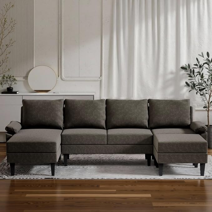 Sectional Couches for Living Room Furniture Sets, 4 Seat U Shaped Sectional Couch with Storage, Adjustable Sofa with Armrests and Ottoman for Apartment, Dark Brown