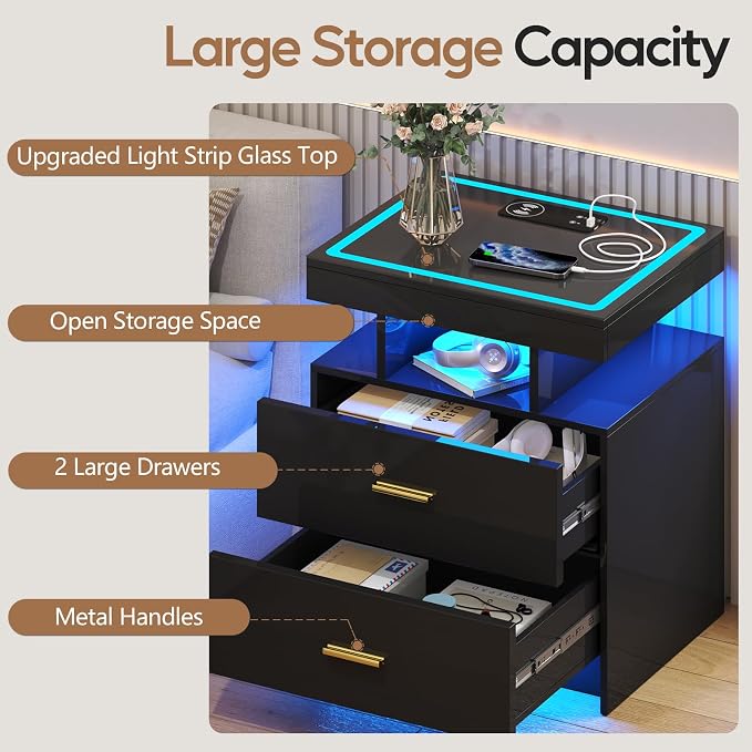 LED Nightstand with Wireless Charging Station,Black Night Stand with 2 Drawers,Glass Top Smart Bedside Table,Modern End Table Side for Bedroom,Living Room,Office - Image 6