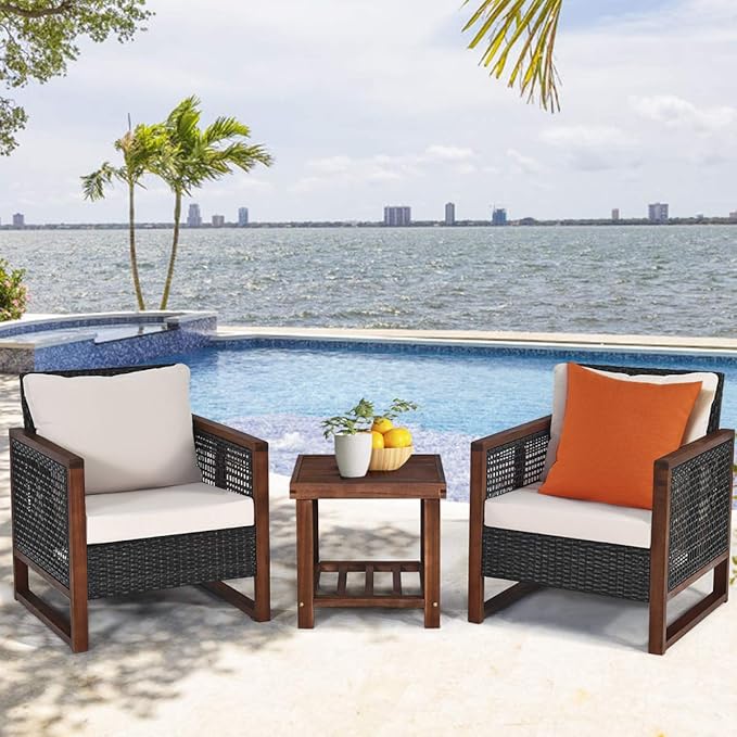 Tangkula 3 Pieces Patio Wicker Furniture Set, Rattan Outdoor Sofa Set w/Washable Cushion & Acacia Wood Coffee Table, Conversation Bistro Set for Garden Balcony Backyard (Beige)