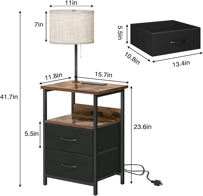 Fixwal Bedside Table with 3 Color Temperature Reading Light, Nightstand with LED Light & Charging Station End Table with Adjustable Fabric Drawer for Bedroom, Dorm, Rustic Brown - Image 3
