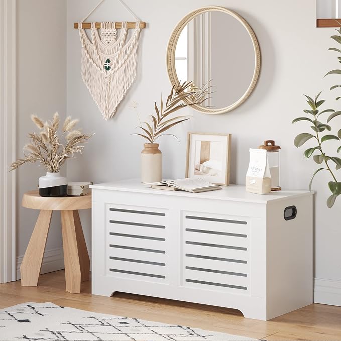 DINZI LVJ Storage Chest, 39.4”Wooden Toy Box with 2 Safety Hinges, Retro Entryway Shoe Storage Bench with Flip-Top, Sturdy Large Storage Trunk for Living Room, Bedroom, Easy Assembly, White - Image 6