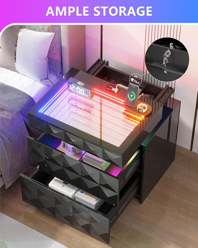 Night Stand Set 2 with Charger Station & RGB Lights, 3 Drawers Bedside Table with Sliding Top, Modern Night Stands with Human Body Sensor for Bedroom, Black - Image 5