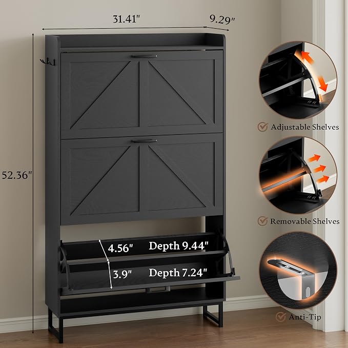 BORNOON Shoe Cabinet with 3 Flip Drawers Narrow Shoe Storage Cabinet Organizer Wooden Freestanding Shoe Rack Hidden Slim Shoes Storage Cabinet for Entryway, Hallway, Living Room, Bedroom - Image 2