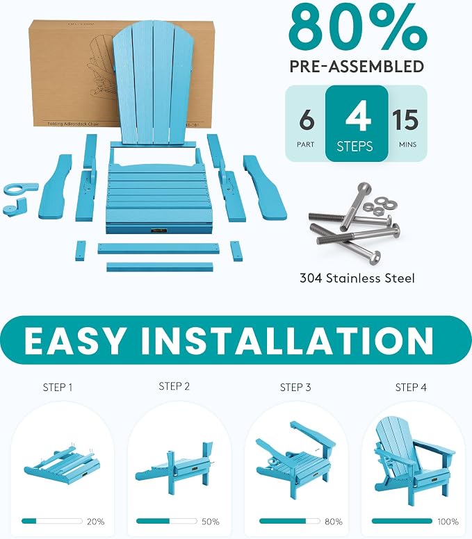 SERWALL Folding Adirondack Chair with Cup Holder Weather Resistant Patio Chair Outdoor Chairs Painted Adirondack Chairs Set of 2 - Aruba Blue - Image 7