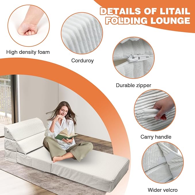 Comfy Foldable Sofa Bed - Convertible Sleeper Sofa Fold Out Sofa Bed Folding Chair Couch for Living Room Bedroom Guest, Floor Chairs Lounger Mattress Folding Sofa Bed with Back Support, Beige