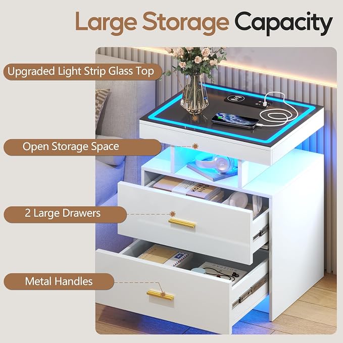 LED Nightstand Set 2 with Wireless Charging Station,White Night Stand with 2 Drawers,Glass Top Smart Bedside Table,Modern End Table Side for Bedroom,Living Room,Office - Image 6