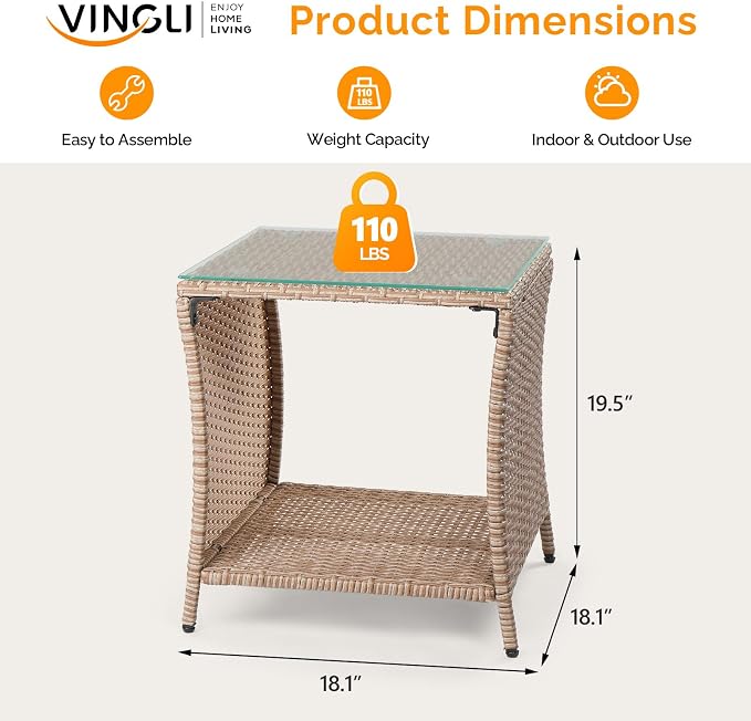 VINGLI Outdoor Wicker Side Table Patio Side Tables for Outside, Tempered Glass Top Wicker Table with Storage End Table for Balcony Porch Deck (Natural) - Image 2