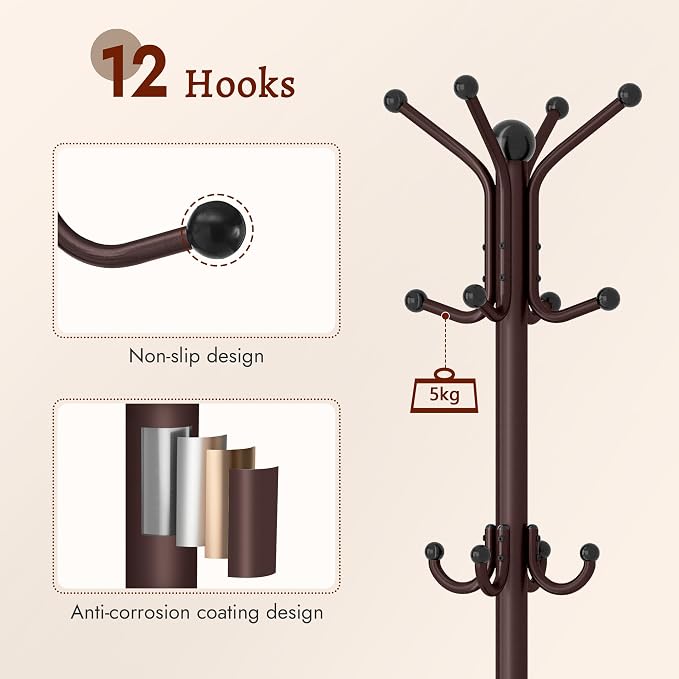 FAVOOSTY Coat Rack Freestanding,Coat Rack Stand with Umbrella Holder,Metal Coat Tree with 12 Hooks,Tree Clothes Hat for Entryway, Hallway, Bedroom, Living Room & Office -Brown - Image 3