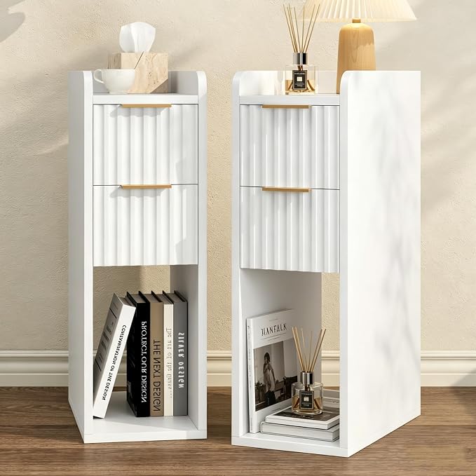 Narrow Nightstand Set of 2, 7.9" Wood Nightstands w/Fluted 2 Drawer, Slim Bed Side End Table Small Spaces Modern Skinny Wooden Night Stand for Bedroom, Living Room, White by Unknown