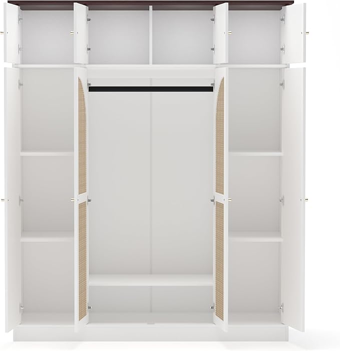 KEIKI Large 8 Doors Wood Wardrobe, Bedroom Tall Armoire Closet Organizer w/Rattan Decorative, Hanging Rails & Adjustable Shelves Clothes Storage Cabinet for Garage & Laundry Room, White