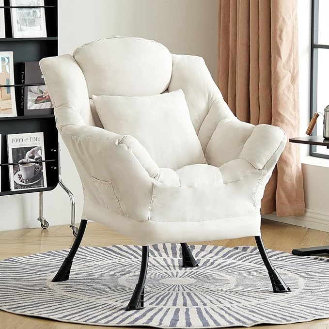 Lazy Chair for Living Room, Large Beige Accent Chair with a Throw Pillow, Leisure Sofa Chair Set, Comfy Reading Chair for Bedroom, Dorm Room, Office