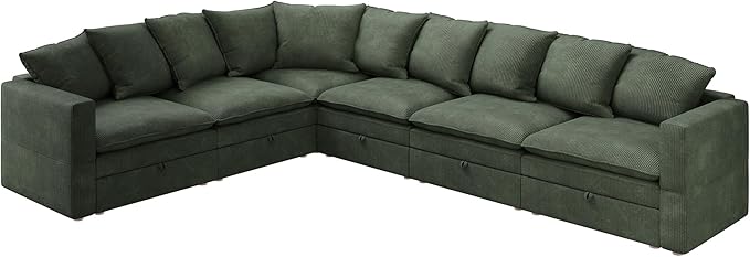 HONBAY Modular Sectional Sofa, 6 Seaters Corduroy Sectional Couch, L Shaped Couch with Storage & Pillows, Green