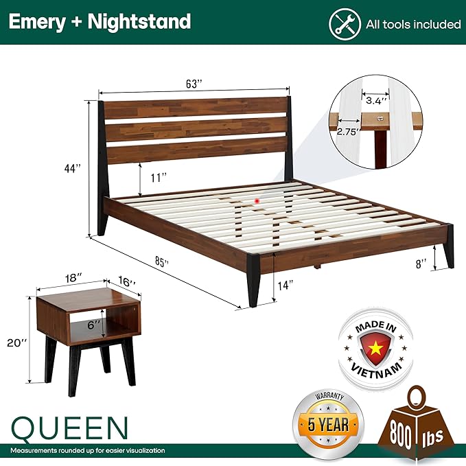 Acacia Emery Queen Solid Wood Platform Bed Frame with Headboard – Gift Matching Nightstand Included, Farmhouse Mid-Century Modern, Americano Finish, Sturdy, No Box Spring Needed, Easy Assembly