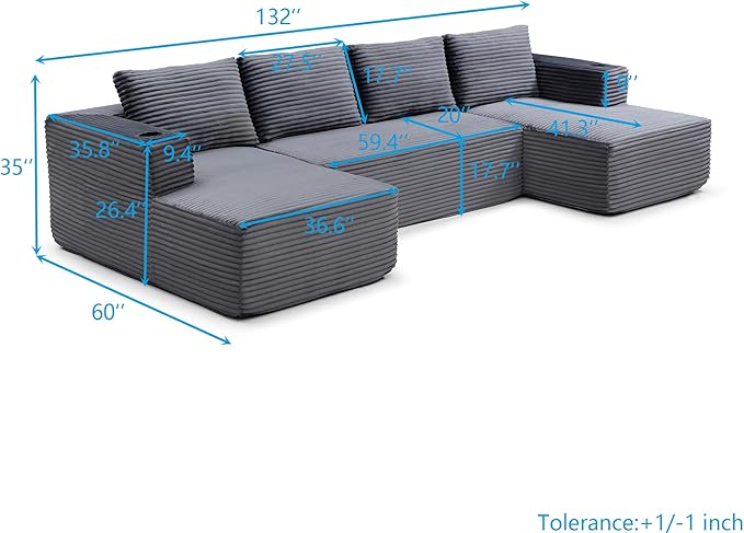 132-Inch U-Shaped Cloud Sectional Couch, Symmetrical Modular Compressed Boneless Sectional Sofa with Chaise Lounges, Plush Corduroy Boneless Corner Sofa W/Cupholders