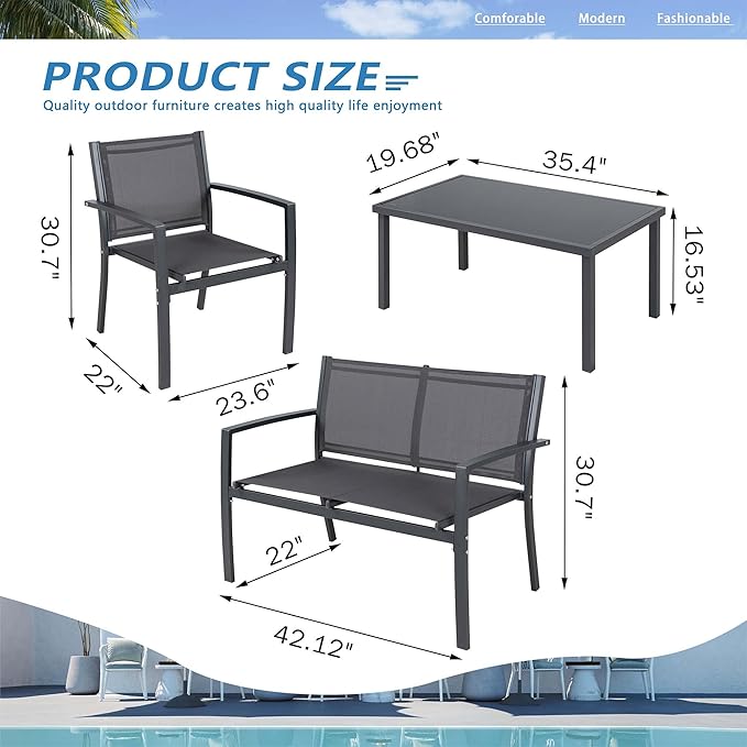 Vongrasig 4 Pieces Patio Furniture Sets, Small Outdoor Furniture Conversation Sets(Grey)