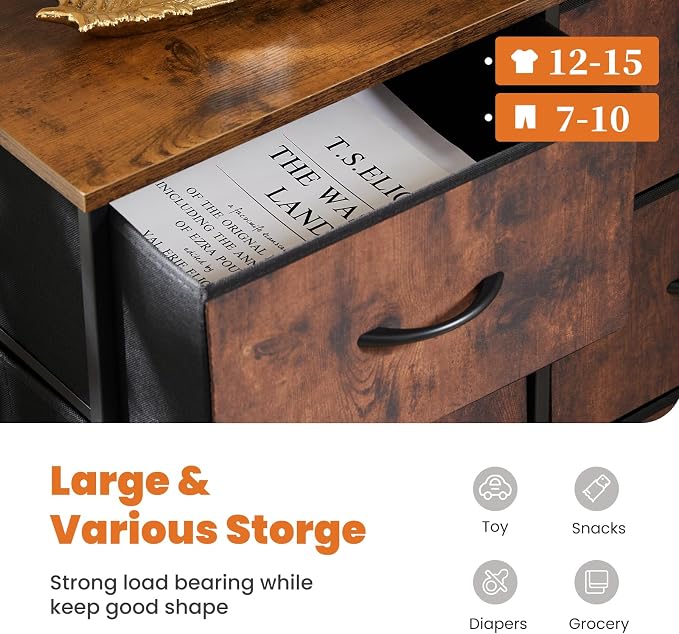Sweetcrispy Dresser for Bedroom with 8 Storage Drawers, Large Fabric Storage Tower Organizer, Chest of Drawers with Metal Frame Wooden Top for Closet, Living Room, Entryway,Brown - Image 4