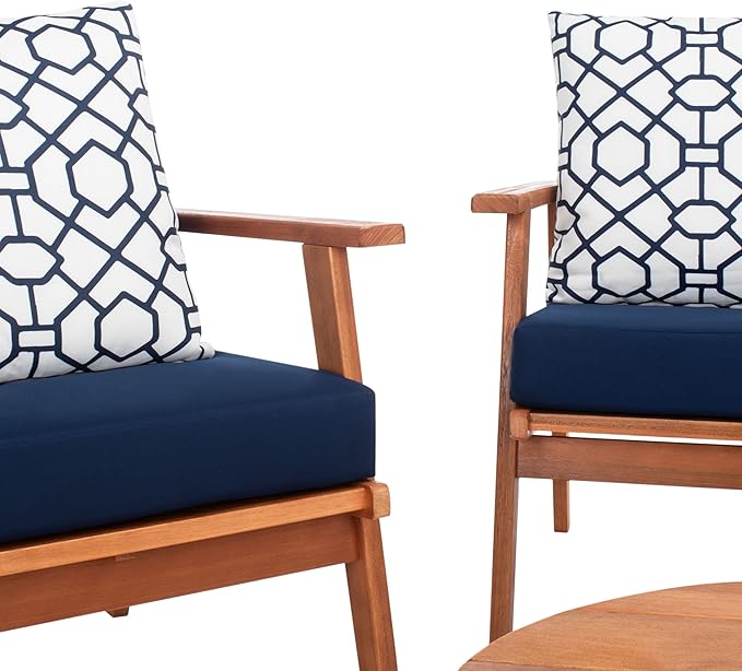 SAFAVIEH Outdoor Collection Deacon Natural Acacia Wood/Navy Cushion 4-Piece Conversation Patio Set with Accent Pillows