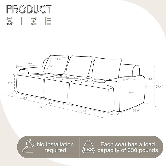 Modular Sectional Sofa, Boneless Couches for Living Room, Corduroy Couch, Big Comfy Couch, Modular Cloud Sofa with Deep Seat (White, 3 Pieces-Rowshape)