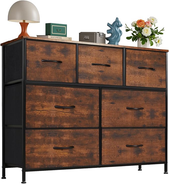 OLIXIS 7 Drawer Dresser for Bedroom, Wide Fabric Storage Tower with Wooden Top and Metal Frame, Closet Chest Organizer Furniture, TV Stand for Living Room Hallway, Rust Brown by OLIXIS