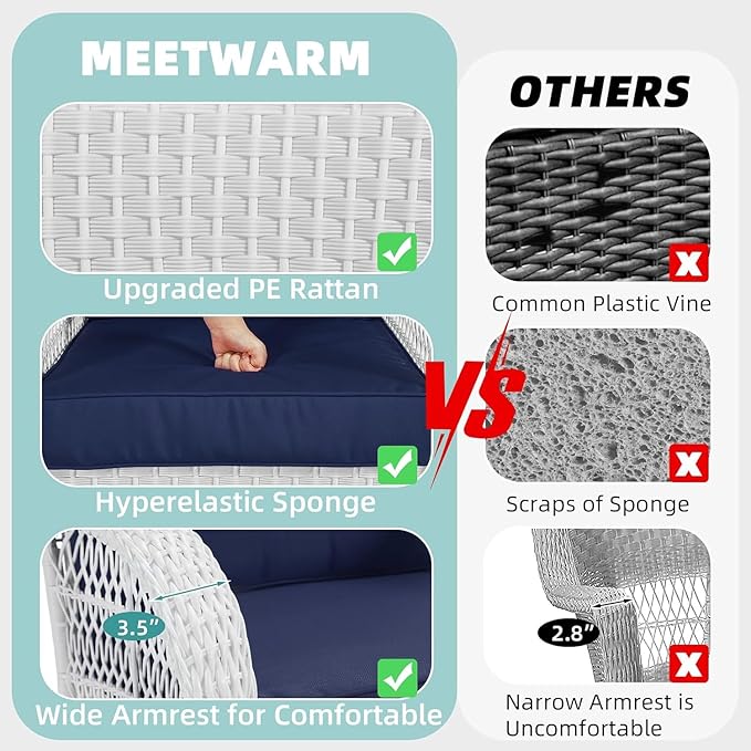 MEETWARM Patio Wicker Rocking Glider Set, All-Weather Outdoor Rattan Patio Rocking Chairs of 2, Patio Conversation Set with Thickened Cushions for Porch Backyard & Garden, White Wicker/Navy