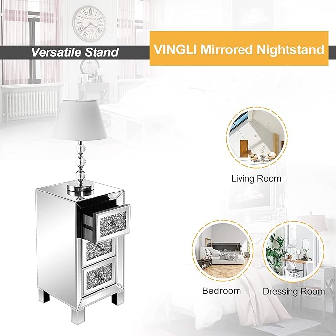 VINGLI 3-Drawer Mirrored Nightstand Bedside Table Modern Night Stands Set of 2 Glass Accent End Table, Fully Assembled, Silver - Image 6