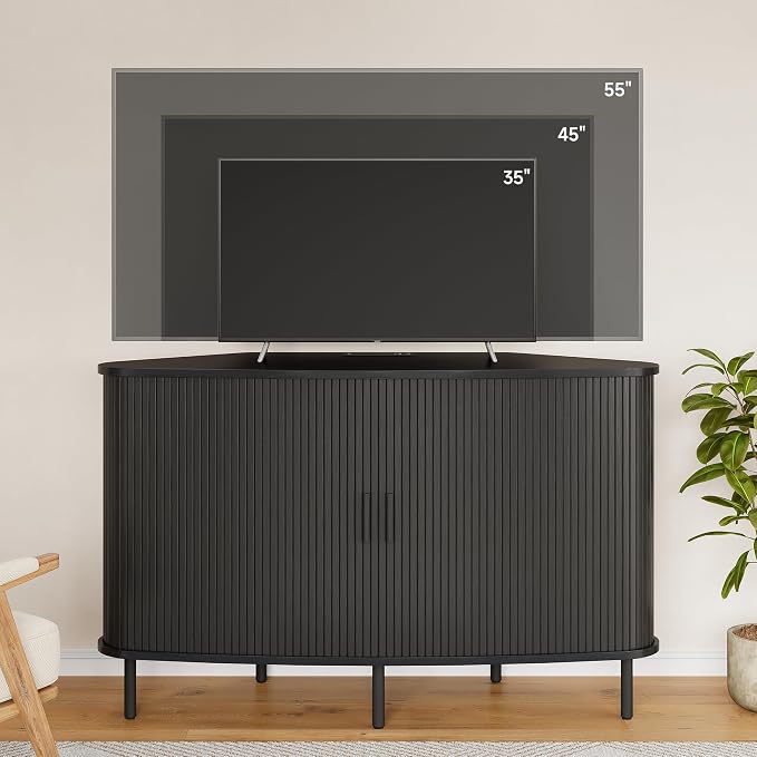 ONBRILL 47" Corner TV Stand, Fluted TV Cabinet with Sliding Doors Fits up to 55 Inch TVs, Modern Corner Entertainment Center with Power Outlet, Wood Media Console Table with Storage, Black - Image 9