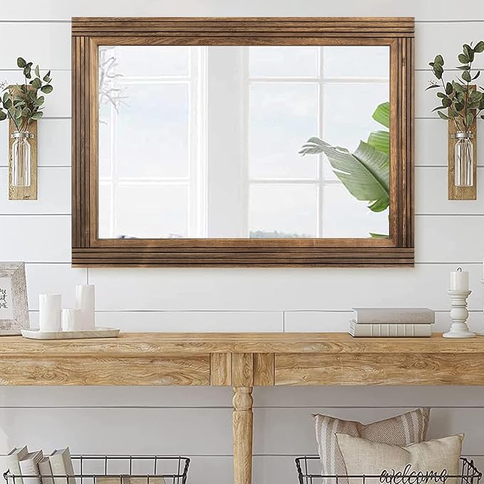 YOSHOOT Hand-Made Wooden Spliced Wall Mirror for Bathroom, Rustic Farmhouse Vanity Mirror, Décor Wall Art, Solid Wood Frame, Vertical or Horizontal Hanging, 72" x 36", Brown - Image 6
