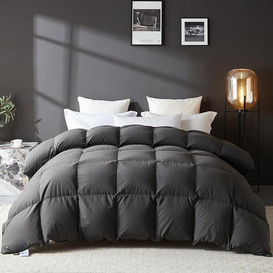 L LOVSOUL Goose Feather Down Fiber Comforter Full Size, 100% Organic Cotton Fabric Duvet Insert,1200TC,750+Fill Power, Hotel Collection, All Season Grey Bedding Comforters with 8 Tabs