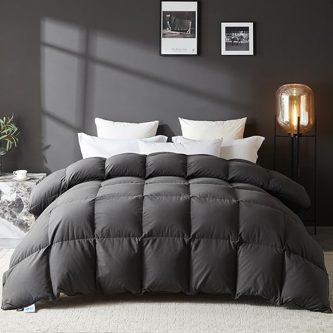 L LOVSOUL Goose Feather Down Fiber Comforter Oversize King Size, 100% Organic Cotton Fabric Duvet Insert,1200TC,750+Fill Power, Hotel Collection, All Season Grey Bedding Comforters with 8 Tabs