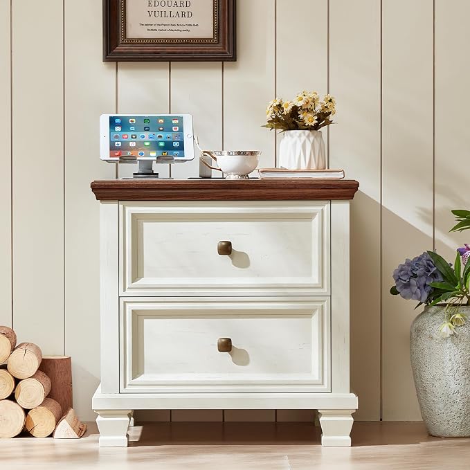 SAVOR LIFE Farmhouse Nightstand with Charging Station, Rustic Low Night Stand with 2 Drawers, Mid-Century Modern End Table with 4 Square Solid Wood Legs, Small Dresser for Bedroom, Home, White - Image 3