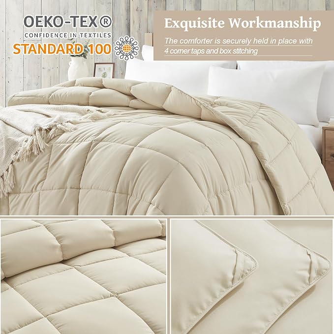 Homelike Moment Comforters Queen Size - Beige Duvet Insert Down Alternative Bed Queen Comforter, Lightweight Bedding Comforters Full Size Quilted Soft All Season Beige