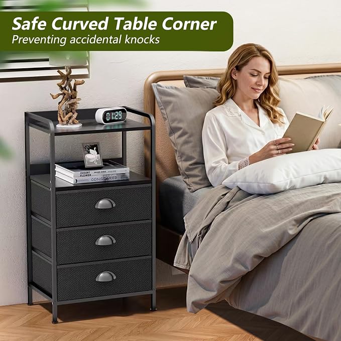 Night Stand Set 2, Nightstand with 3 Fabric Drawers and 2-Tier Shelf, Small Dresser Organizer, Bedside Table with Storage, End Table Side Furniture, Steel Frame, Wood Top, Black - Image 4