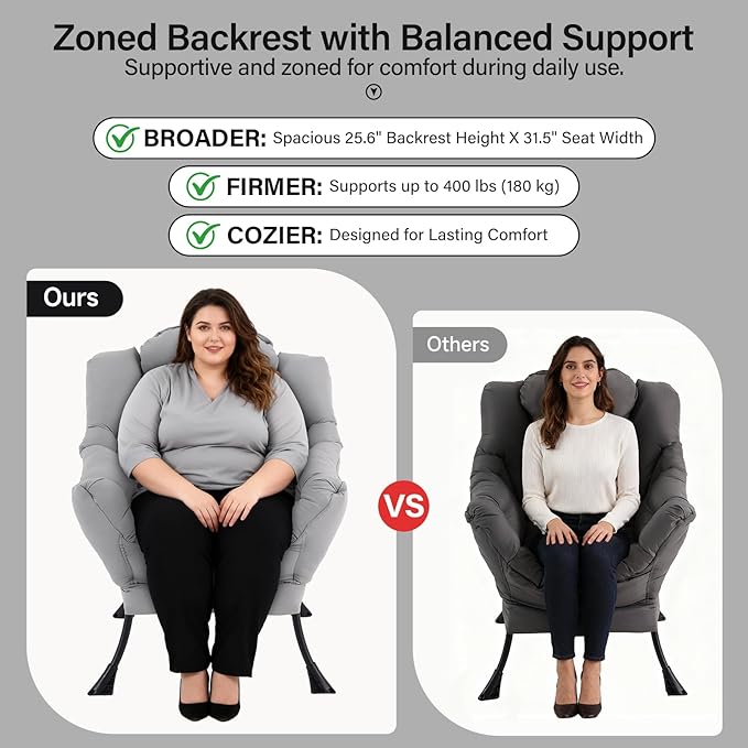Lazy Chair with Ottoman, Modern Accent Chair with Lumbar Pillow, Grey Sofa, Armchairs with Folding Footrest, Oversized Supportive Chairs for Bedroom, Reading