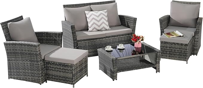 KEIKI 6-Piece Outdoor Patio Furniture Set, Rattan Patio Conversation Set with 2-Seater Sofa, 2 Single Sofa, 2 Ottomans, Coffee Table, PE Wicker Sofa Set, for Garden, Backyard, Lawn, Deck, Light Gray