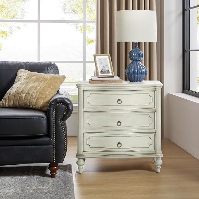 HULALA HOME Traditional Side Table with 3 Drawers, Tall Side Table with Curved Front Profle Desgin, Charging Station, Solid Wood Legs, White by HULALAHOME