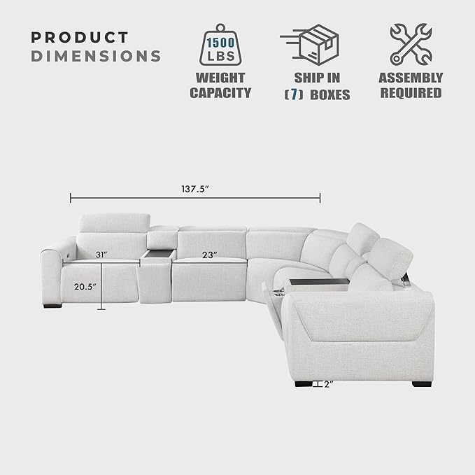 Lexicon Power Reclining Sectional Couches for Living Room-Modular Sectional Sofa, Wall Hugger, 3 Recliner Seats, 2 Console Cup Holders, Power Headrests, Charging Ports, 5 Seater Couch, Chenille Cloud