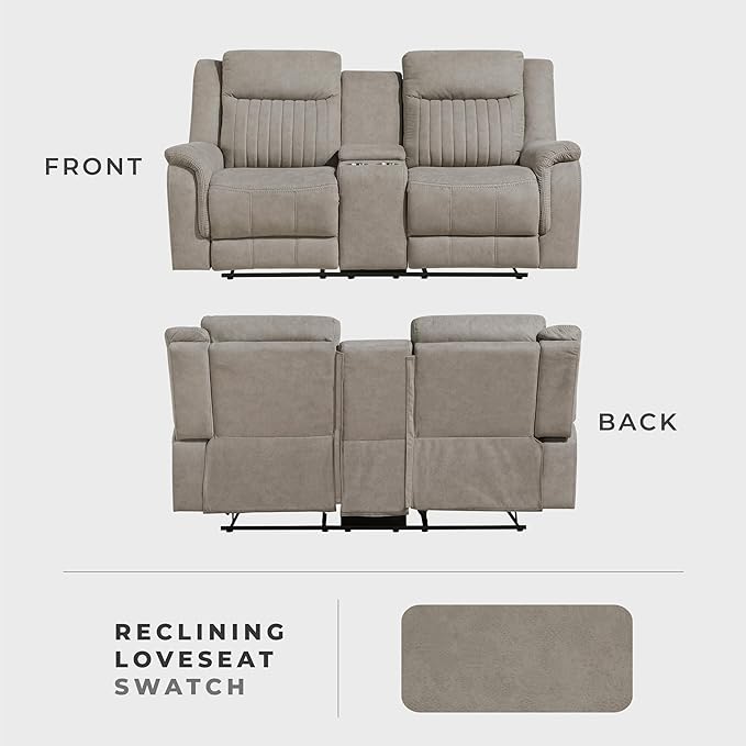 Lexicon Manual Double Reclining Loveseat, Polished Microfiber Manual Wall Hugger Loveseat Recliner for Living Room, Center Storage Console/Cup Holders, Easy Assembly, Dove