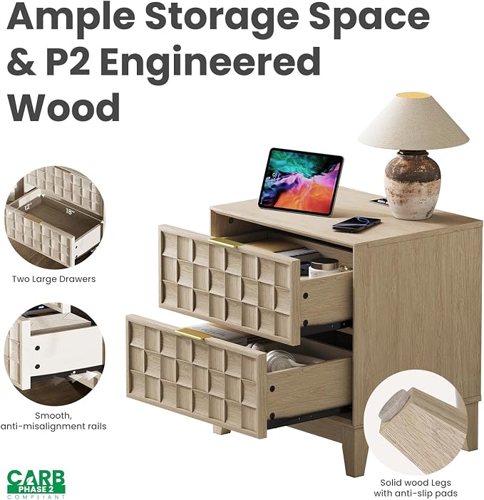 COLAMY Nightstand with Charging Station, 2 Drawers Modern Bedside End Table Dresser, with Chessboard Relief and Wood Legs, for Bedroom, Closet and Small Space - Oak - Image 4
