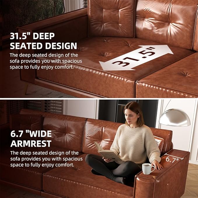 92" 3-in-1 Faux Leather Convertible Sleeper, King Size Pull Out Sofa Bed, 4-Seater Mid Century Modern Tufted Couch with 2 Pillows for Living Room, Apartment, Office (Chestnut/Reddish-Brown) | Leather Sofa Bed, King Pull Out Sofa, Tufted Couch