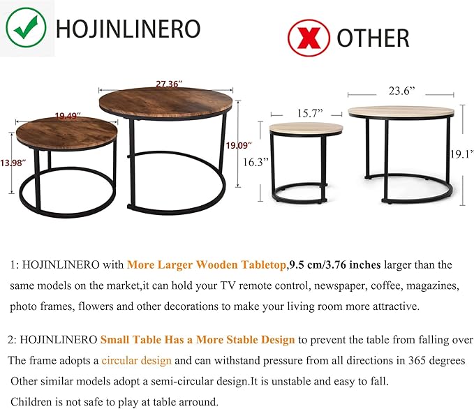 HOJINLINERO Round Coffee Table,Nesting Coffee Table Set of 2,Center Tables for Living Room,Office, Home Small Space,Stacking Side Tables,Sturdy and Easy Assembly,Wood Desktop,Brown,Large