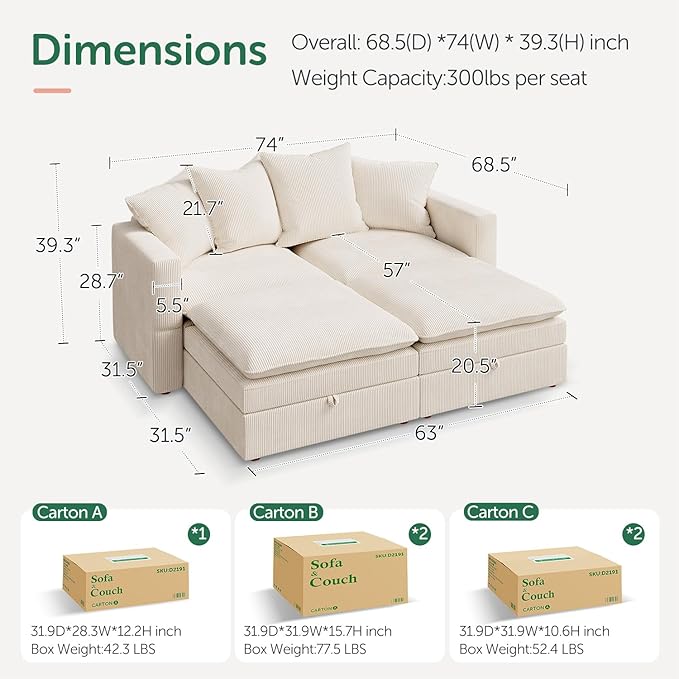 HONBAY Modular Sectional Sleeper Sofa, Corduroy 4 Seater Couch with Storage, Sectional Sleeper Couches for Living Room, Beige