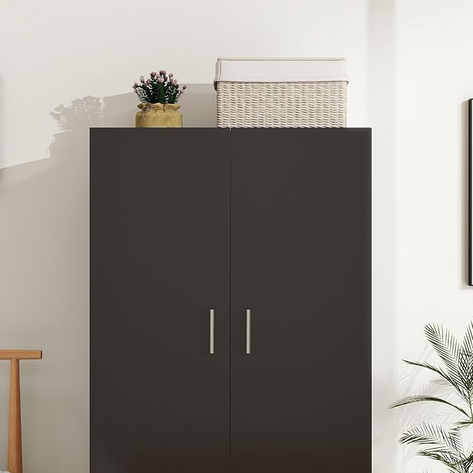 Panana 2 Door Wood Wardrobe Cabinet Closet with Hanging Rail and 2 Shelves, Bedroom Armoire for Storage (Black)