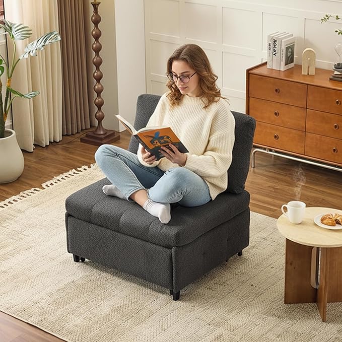 VINGLI Convertible Sofa Bed Tufted Teddy Fleece Sleeper Chair Bed Couch Armless Living Room Chairs with Adjustable Backrest Pull Out Couch Bed for Small Spaces | Armless Sofa Bed